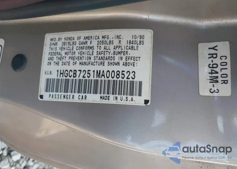 1991 Honda Accord Lx z USA, uszkodzony, nr VIN 1HGCB7251MA008523